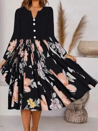 Black Floral Printed V Neck Casual Long Sleeve A-line Knitting Dress