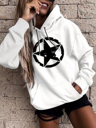 White Casual Star Printed Long Sleeve Shift Hoodie Sweatshirts