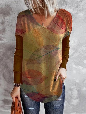 Long Sleeve Holiday V Neck Leaves T-shirt
