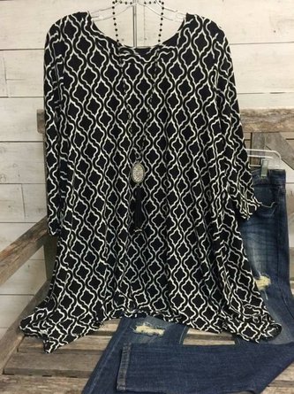3/4 Sleeve Floral-Print Geometric Crew Neck T-shirt
