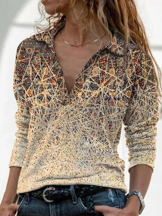 Long Sleeve Shawl Collar Cotton-Blend Paisley T-shirt
