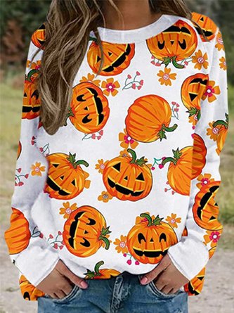 Vintage Halloween Pumpkin Printed Crew Neck Long Sleeve Casual Sweatshirt