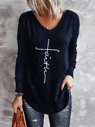 Vintage Faith Letter Printed Long Sleeve V Neck Casual Top