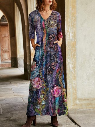 V Neck Floral Knitting Dress