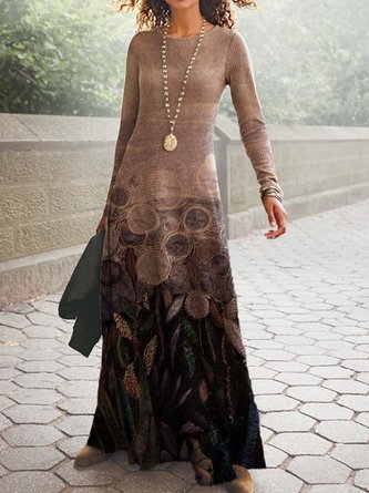 Casual Long Sleeve Crew Neck Printed Knitting Dress