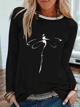 Dragonfly Printed Crew Neck Long Sleeve Casual T-shirt
