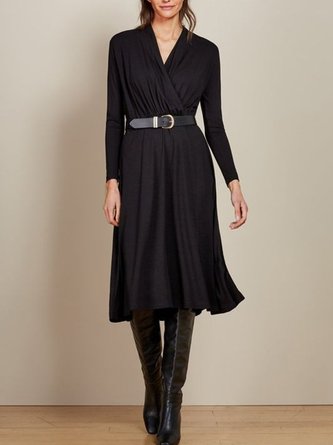 Black V Neck Basics Simple Casual Long sleeve Knitting Dress