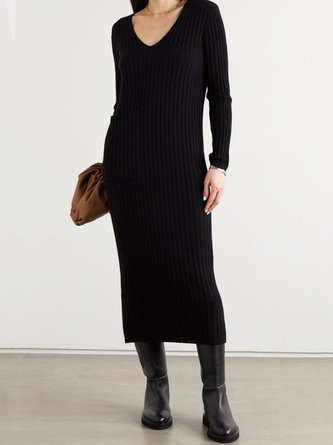 Black V Neck Regular Fit Casual Simple Knitting Dress