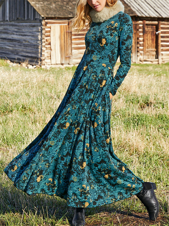 Long Sleeve Floral Crew Neck Knitting Dress
