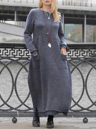 zolucky Gray Crew Neck Cotton Casual Knitting Dress