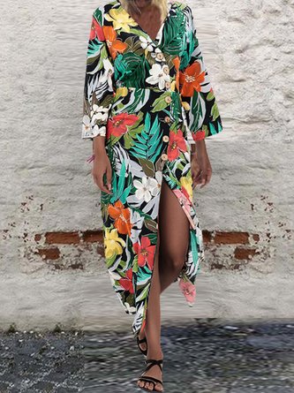 Black Green Red Romantic Cotton Blends Plants Weaving Dress