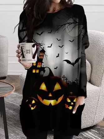 Round Neck Graffiti Loosen Knitting Dress