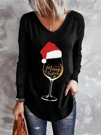 Christmas Xmas Wine Hat Long Sleeve V Neck Printed Top T-shirt Xmas T-shirt