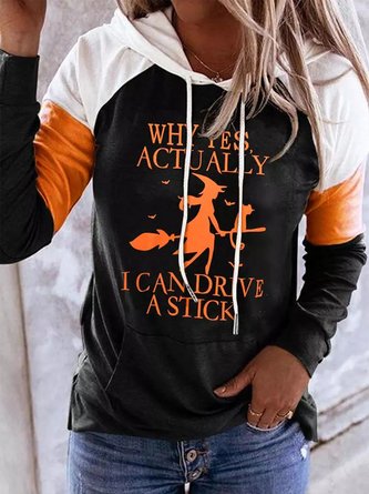 Color-block Halloween Letters Printed Long Sleeve Hoodie Casual Sweatshirt