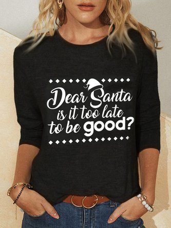 Letter Casual Long Sleeve Round Neck Plus Size T-shirt