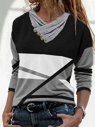 Cowl Neck Long Sleeve Color Block Casual T-shirt