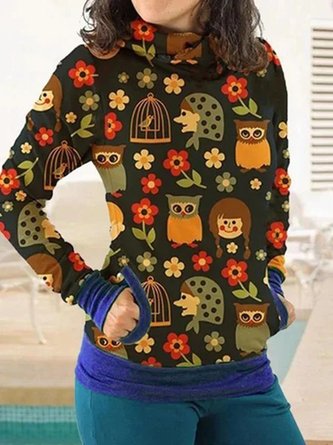 Black Animal Floral Printed Casual Vintage Long Sleeve Hoodie Sweatshirts