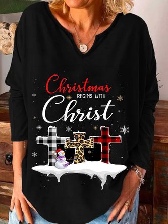 Christmas Xmas Long Sleeve U Neck Plus Size Printed Top T-shirt Xmas T-shirt