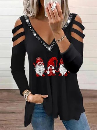 Christmas Printed Long Sleeve V Neck T-shirt Xmas T-shirt