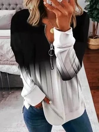 Color Block  Zipper Casual Loosen Sweatshirt