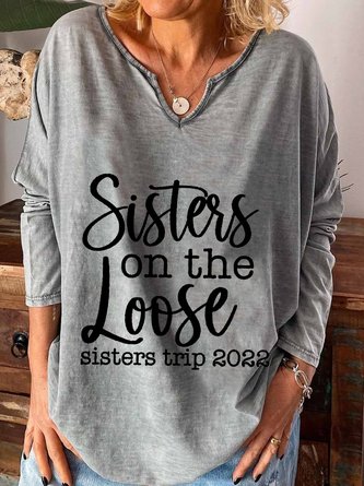 Sisters Trip 2022 Long Sleeve U Neck Plus Size Printed Tops T-shirts