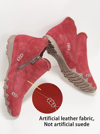 Faux Leather Panel Zip and Fleece Soft Ankle Ankle Boots