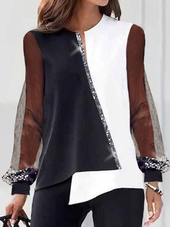 Mesh Long Sleeve Color-block Casual Top