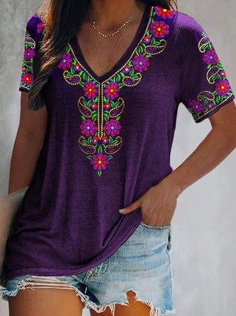 Boho Tribal Floral Printed Boho V Neck Cotton Blends Loosen Shirt & Top
