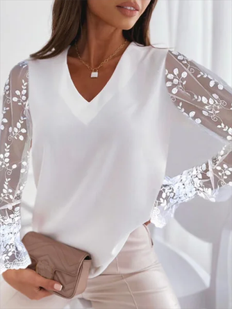 Solid Long Sleeve Paneled Lace V Neck Shirt & Top
