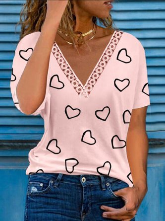 Casual Heart Short Sleeve V Neck Printed Top T-shirt