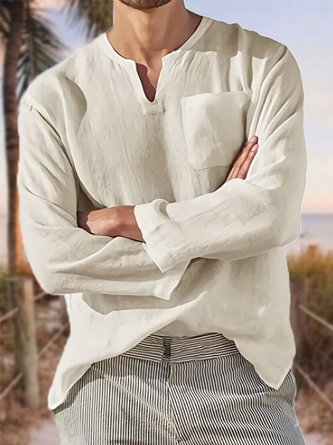 Men's Cotton Linen Style V-Neck Long Sleeve Shirt