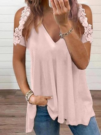 Romantic Solid Loosen V Neck Tunic Short Sleeve T-Shirt
