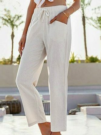 Casual Cotton Solid Pockets Loosen Ninth Pants