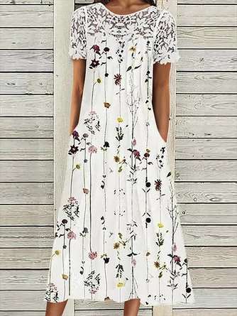 Lace Floral Short sleeve Crew Neck Casual Dress