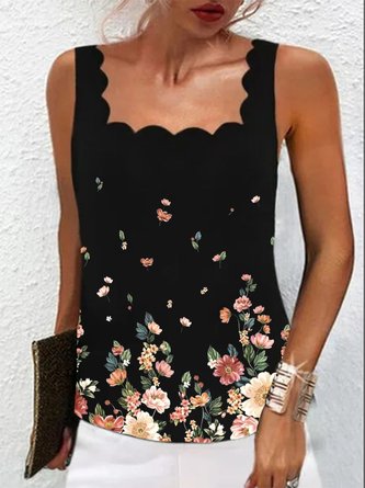 Casual Floral Square Neck Sleeveless Knit