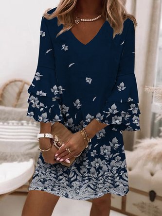 Casual V Neck Loosen Short Sleeve Woven Dress