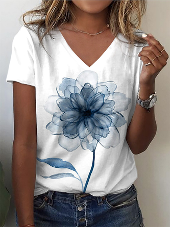 V neck Floral Casual Short Sleeve T-Shirt