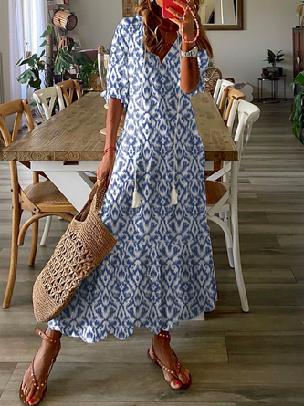 Casual H-Line V Neck Geometric Printed Short Sleeve Maxi Dress