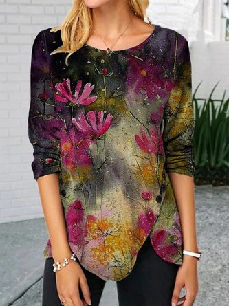 Casual Floral Long Sleeve Round Neck Plus Size Printed Tops T-shirts