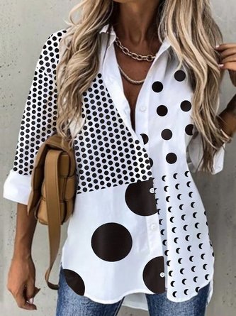 Casual Polka Dots Long Sleeve Shirt Collar Plus Size Printed Blouses