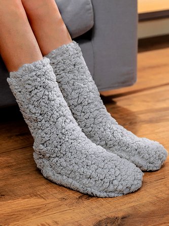 Leisure Home Solid Color Coral Fleece Medium Tube Floor Socks Pile Pile Socks Autumn Winter Warm Accessories Thickening