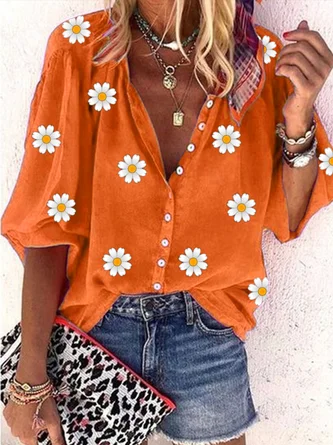Casual Daisy Loose V Neck Three Quarter Sleeve Blouse