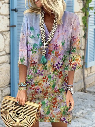 Floral 3/4 Sleeve V Neck Casual Dress