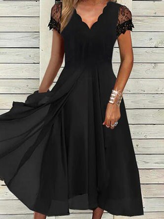 Casual V neck Plain Loose Short Sleeve Dress