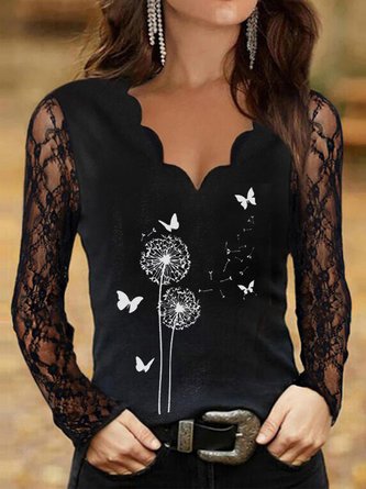Casual Dandelion V neck Long sleeve Top