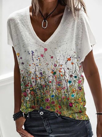 Casual Floral Summer Lightweight Daily Loose Knitted Fabric Regular Regular Size T-shirt for Women