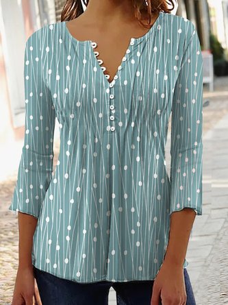 Women Geometric Casual Autumn V neck Daily Three Quarter Regular Regular Regular Size Top
