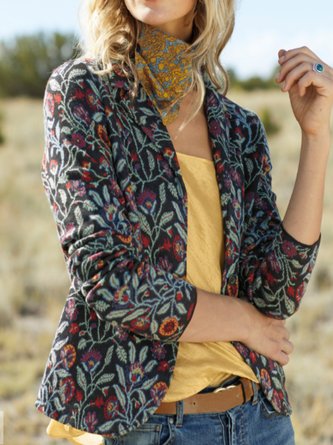 Vintage Floral Autumn Polyester No Elasticity Loose Long sleeve Regular H-Line Blazer for Women