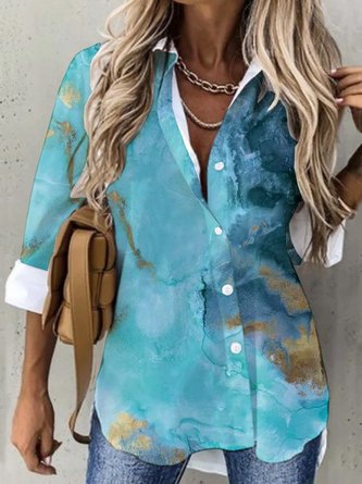 Casual Sea Long Sleeve Shirt Collar Printed Top Blouse