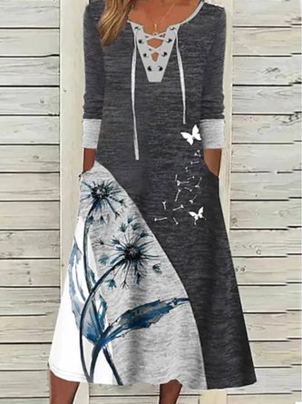 Casual V Neck Dandelion Loose Long sleeve Dress